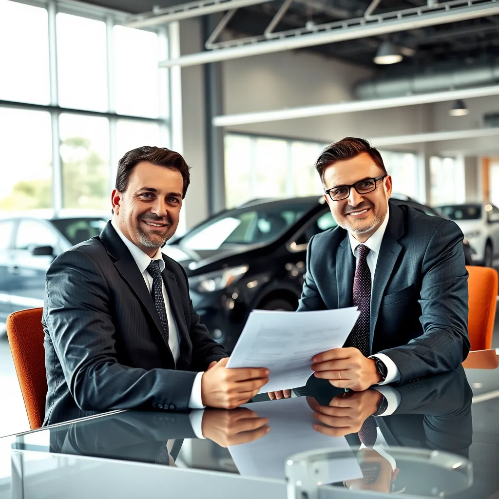 A professional car salesperson and a customer sitting at a desk in a car dealership, both looking at paperwork and discussing terms with a serious but positive expression. The image should convey a sense of professionalism and focus on details