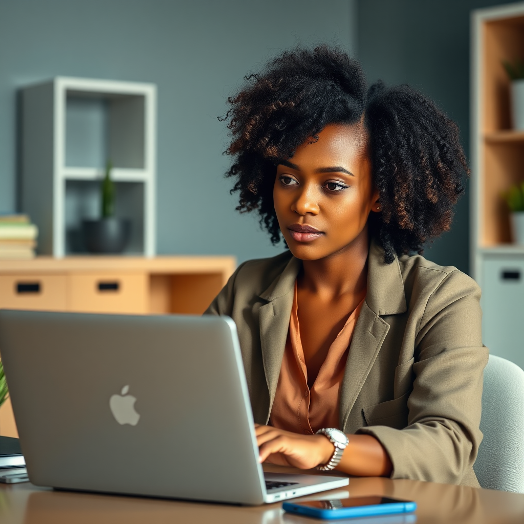Professional with brown complexion and curly hair working thoughtfully on a laptop, surrounded by clean, organized workspace, symbolizing digital services.