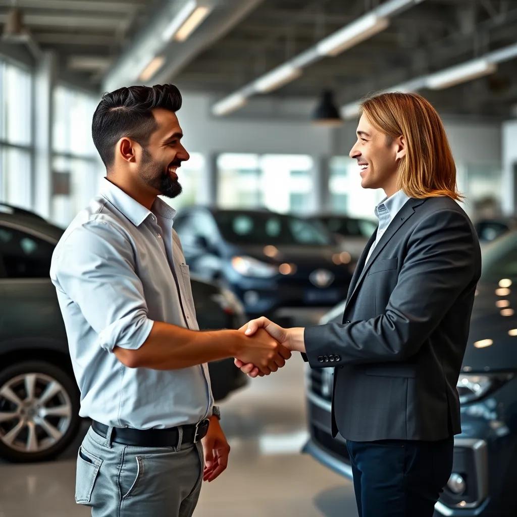 A salesperson shaking hands with a customer in a car dealership, both smiling with a warm and welcoming atmosphere. The scene should be well-lit, with a modern and clean dealership background