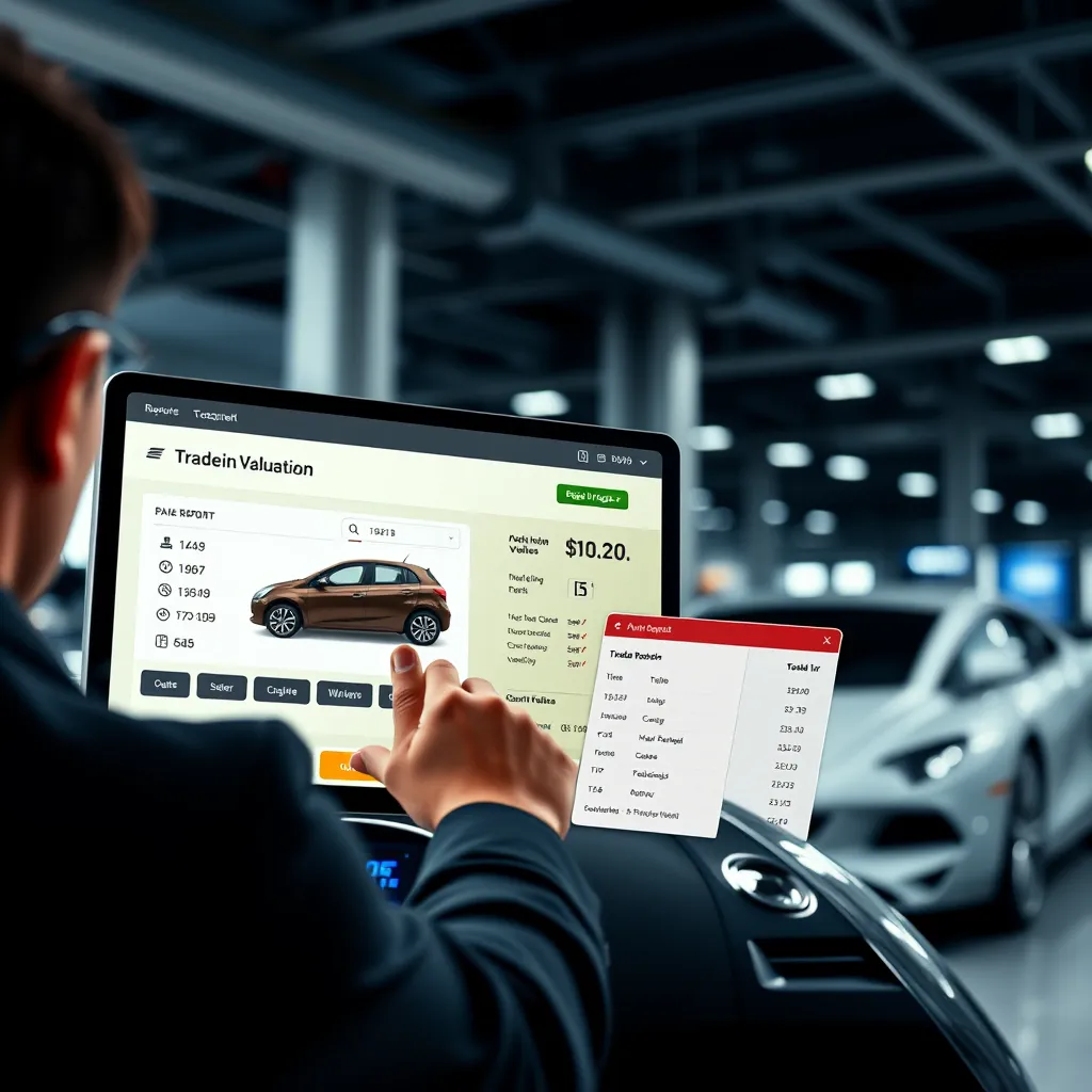 A sleek, modern car dealership website with a prominent banner showing a customer using a trade-in valuation tool. The screen displays a detailed report with the car's make, model, year, and estimated value. The background should be a professional car dealership environment.
