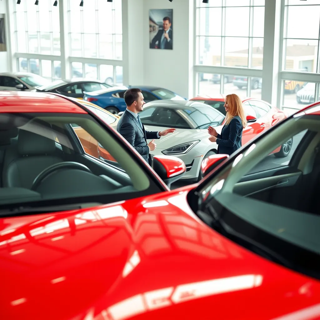 A spacious, modern car dealership showroom with bright, natural light streaming through large windows. The foreground features a gleaming new car, showcasing its sleek design and vibrant color. The background shows a diverse selection of cars, each with its own unique personality.  A friendly salesperson is interacting with a customer, demonstrating the car's features with enthusiasm. The scene is filled with a sense of excitement and anticipation, highlighting the joy of finding a new car.  Capture the image in ultra-high resolution with hyperrealistic details, emphasizing the textures and materials of the cars, the showroom's sleek surfaces, and the salesperson's attire.  The overall mood should be optimistic and inviting, reflecting the promise of a new adventure on the road.  The composition should focus on the customer and the car, creating a sense of connection and personal attention.  Style reference: A blend of automotive photography and contemporary advertising.