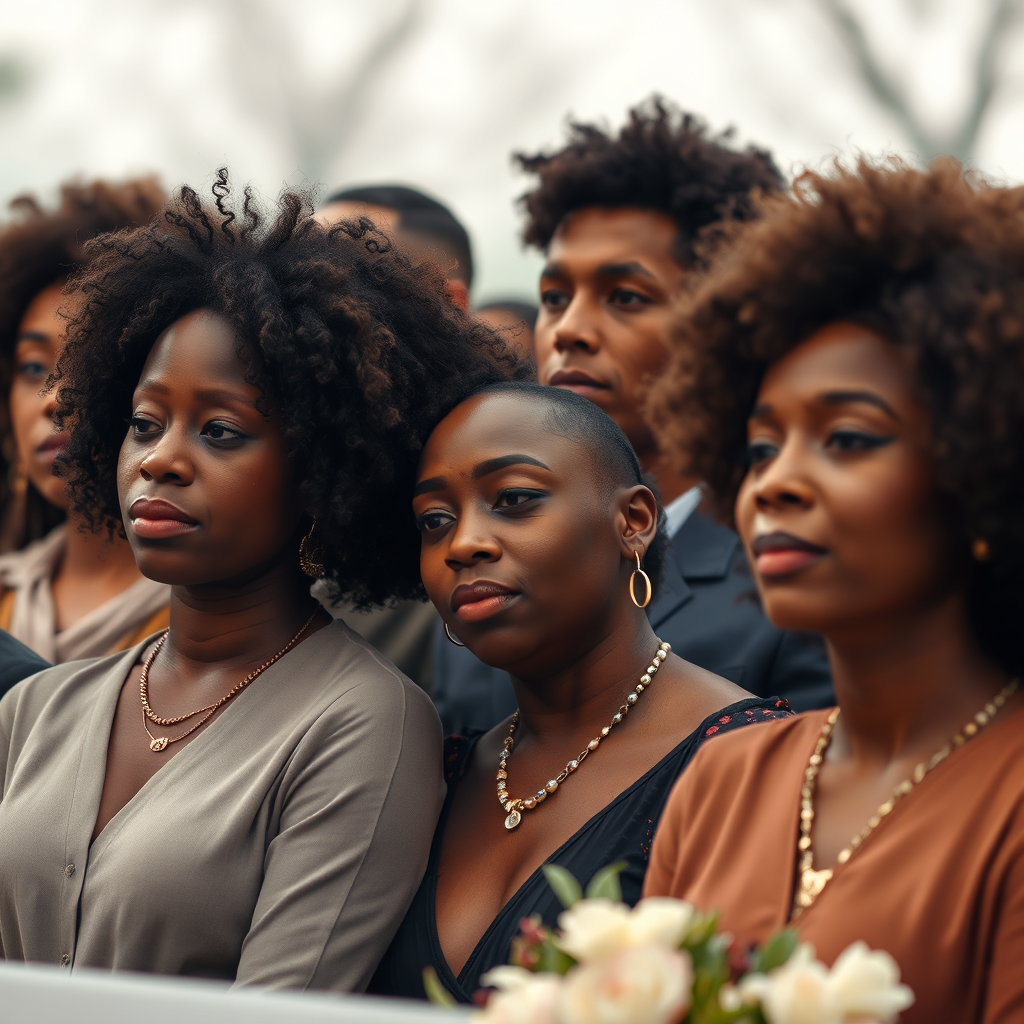 Thoughtful memorial scene, diverse group, brown skin, curly hair