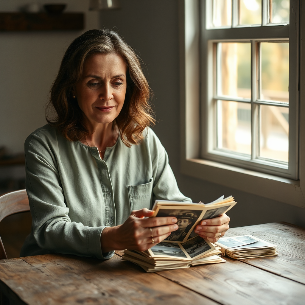 Thoughtful founder looking at old photographs