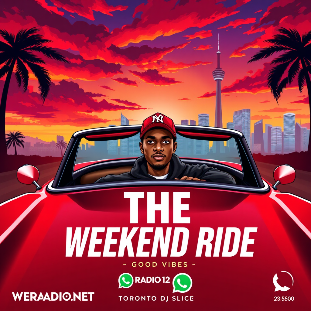 Promotional poster for 'The Weekend Ride' radio show, featuring a red convertible and city skyline at sunset, with a DJ in the car.