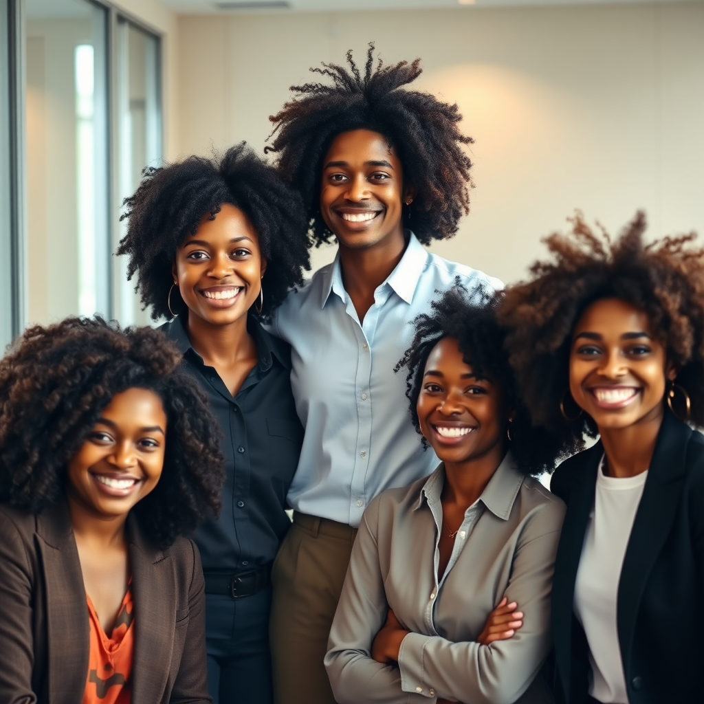 Diverse team photo smiling, brown skin, curly hair