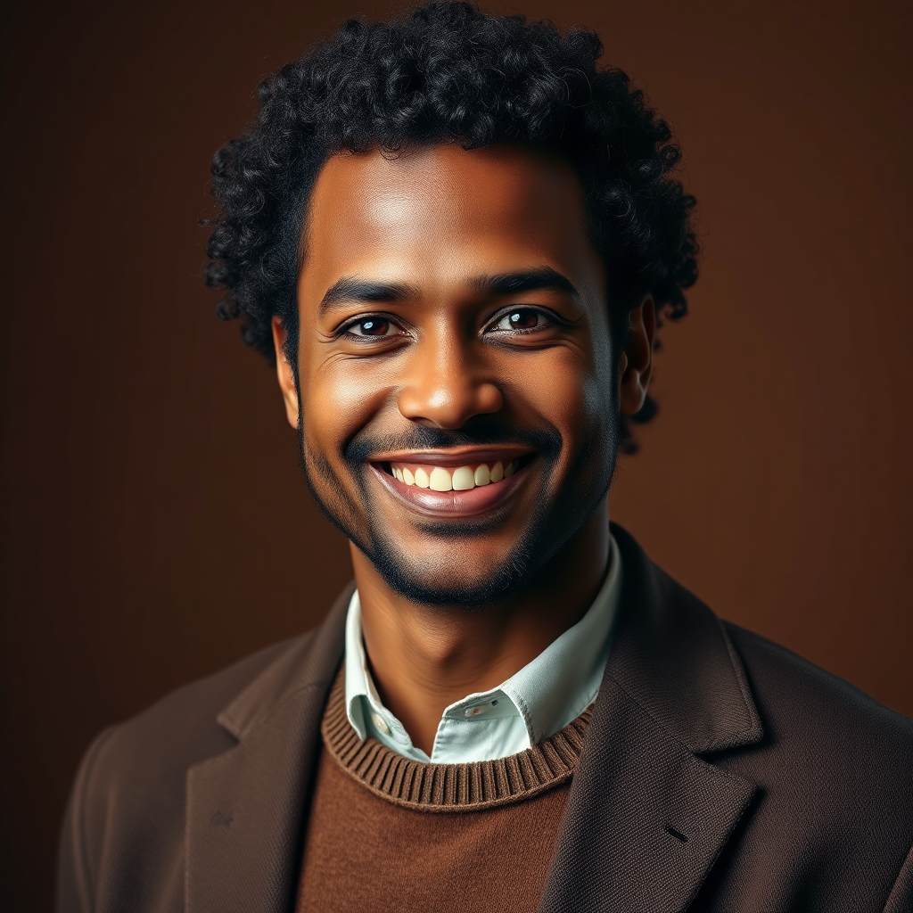 Client profile image of a smiling brown-complexioned man with curly hair