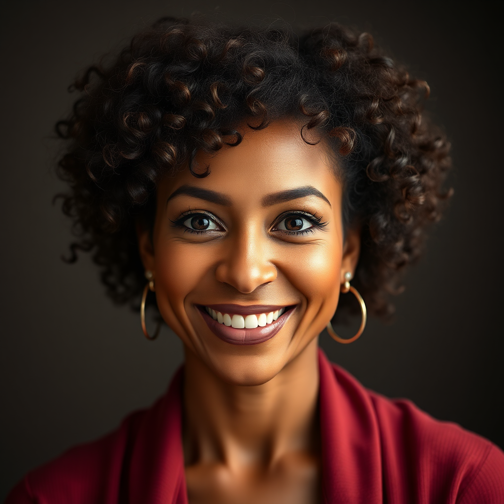Client profile image of a smiling brown-complexioned woman with curly hair