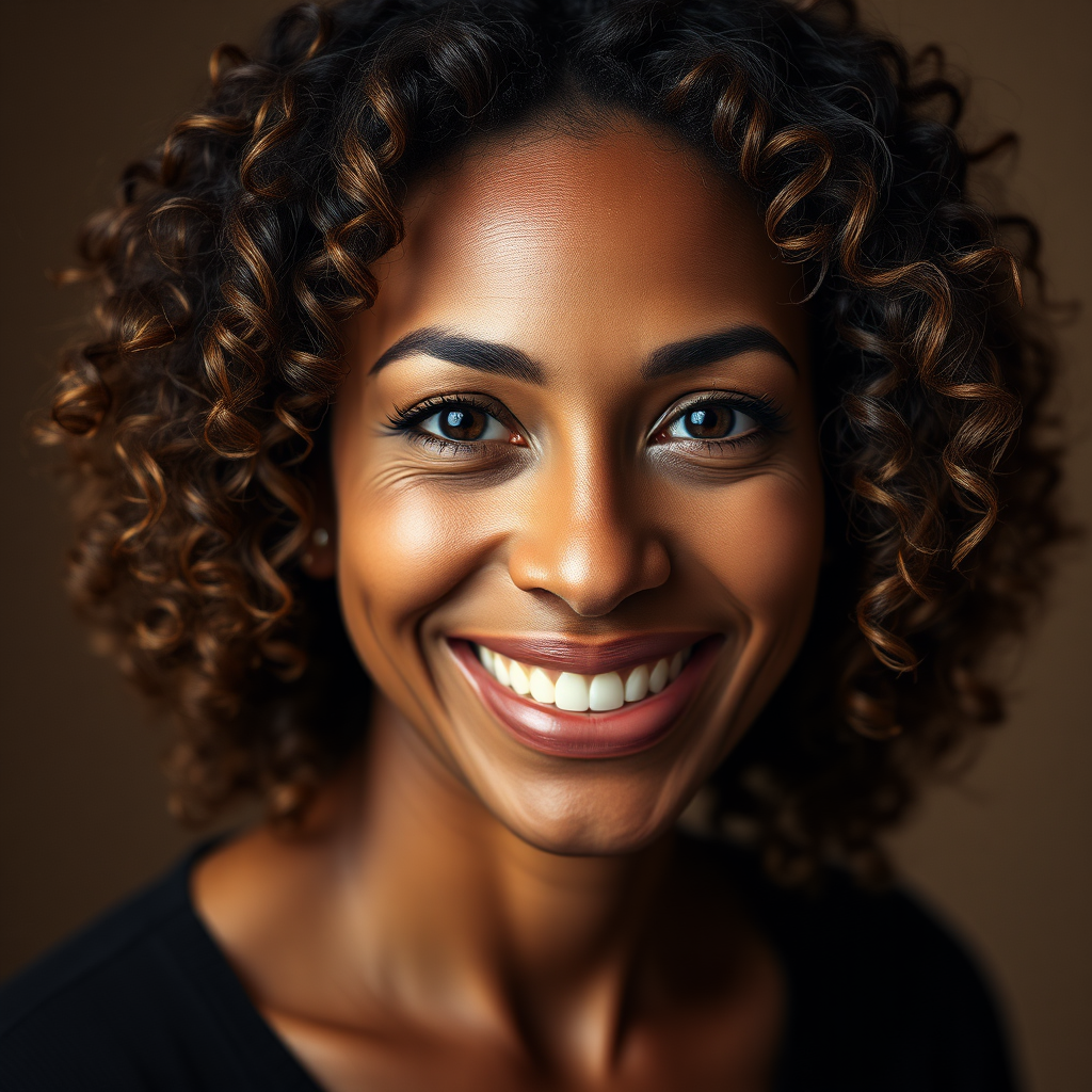 Client profile image of a smiling brown-complexioned woman with curly hair
