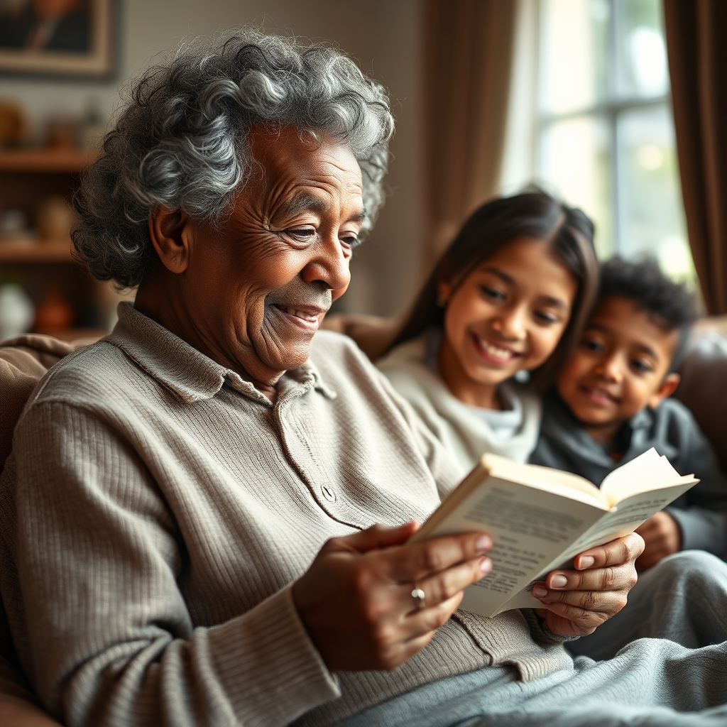 Elderly person telling stories, brown skin, curly hair