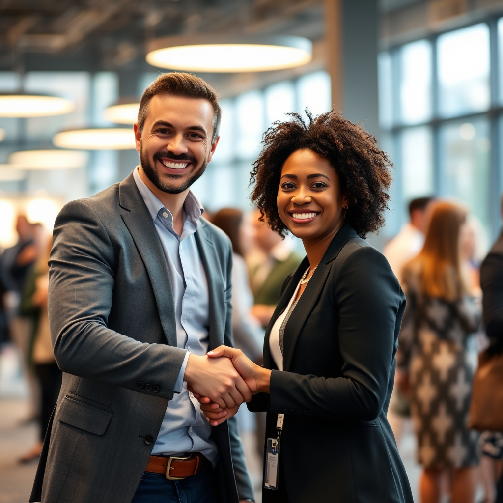 Professionals shaking hands at a networking event