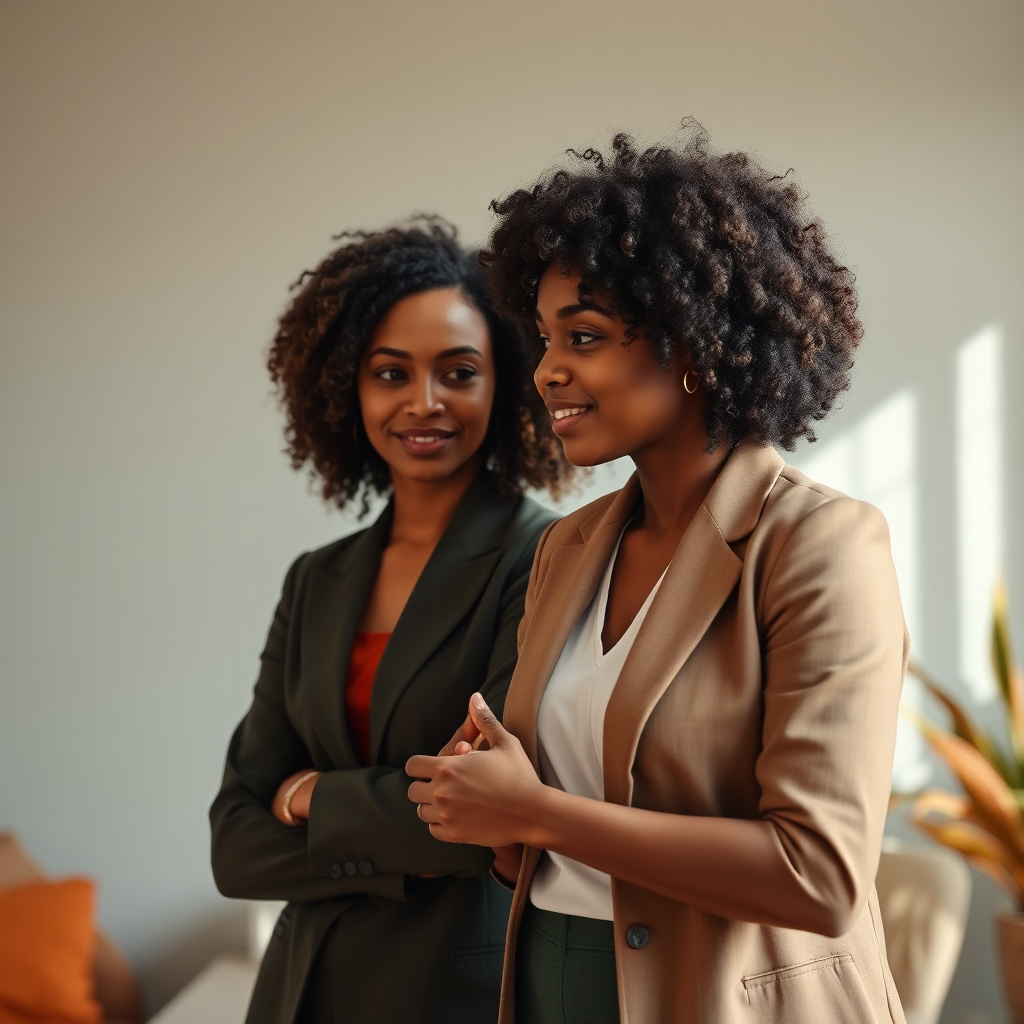 Two individuals with brown complexion and curly hair collaborating professionally with a calm and intentional demeanor.