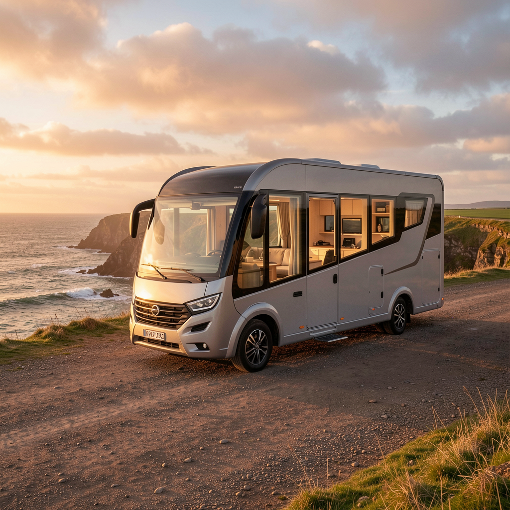 Sleek motorhome overlooking a Welsh coastline