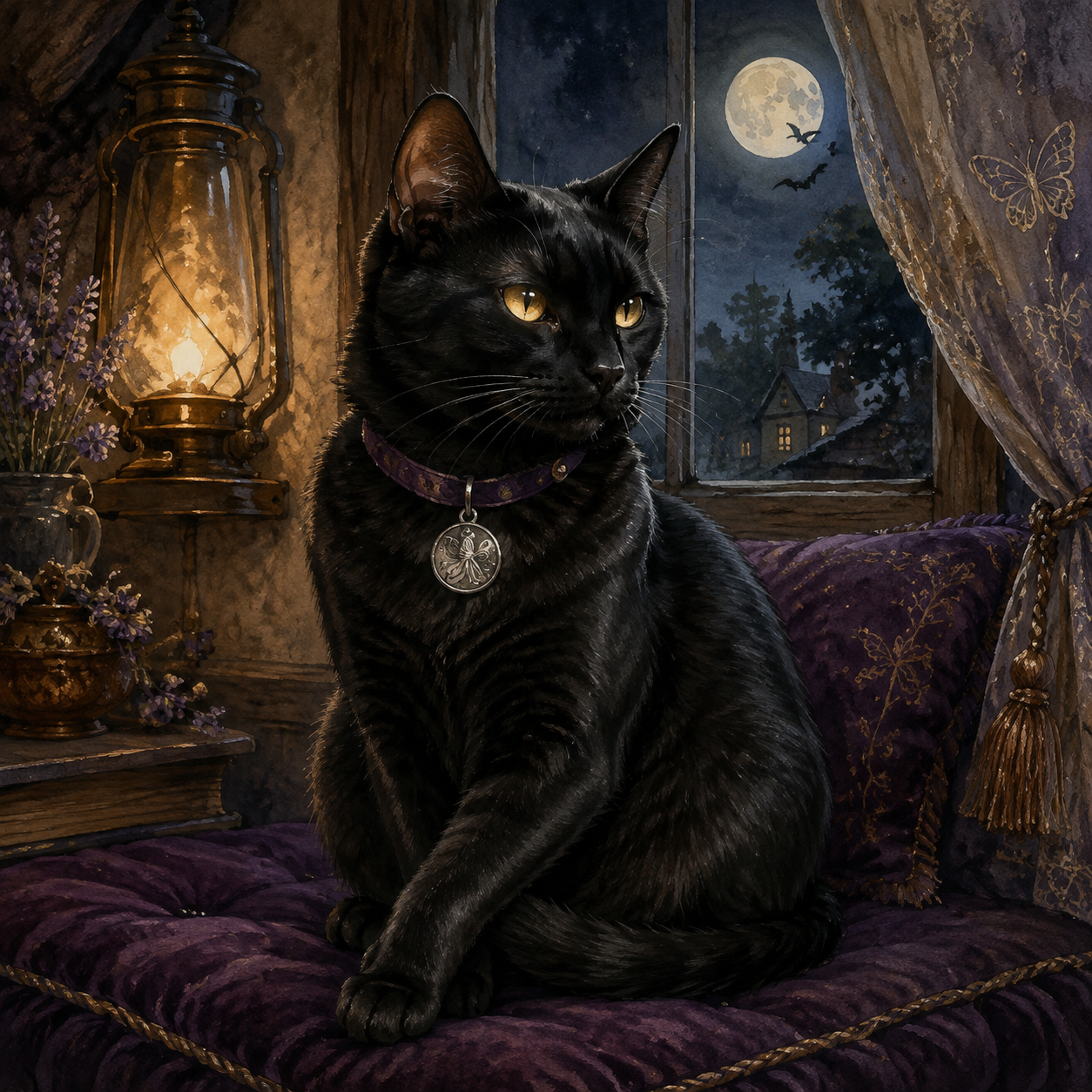 Shadow the cat portrait with purple collar and silver Wisp medallion