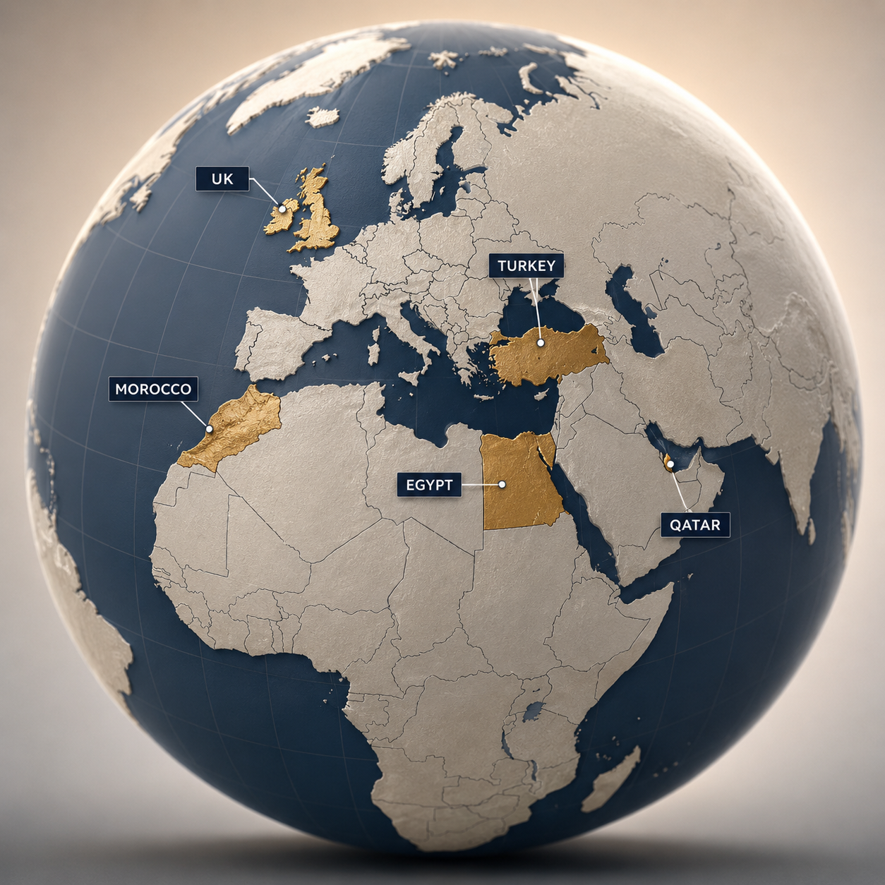 Strategic global presence map showing hubs in UK, Turkey, Morocco, Egypt, and Qatar