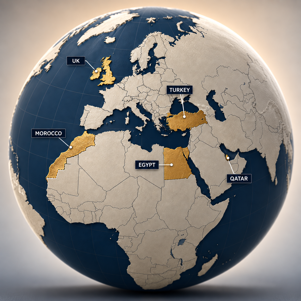 Strategic global presence map showing hubs in UK, Turkey, Morocco, Egypt, and Qatar