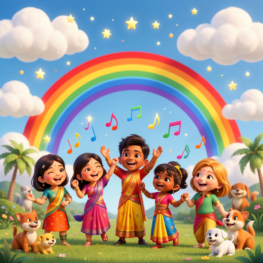 Happy Sri Lankan children singing under a rainbow