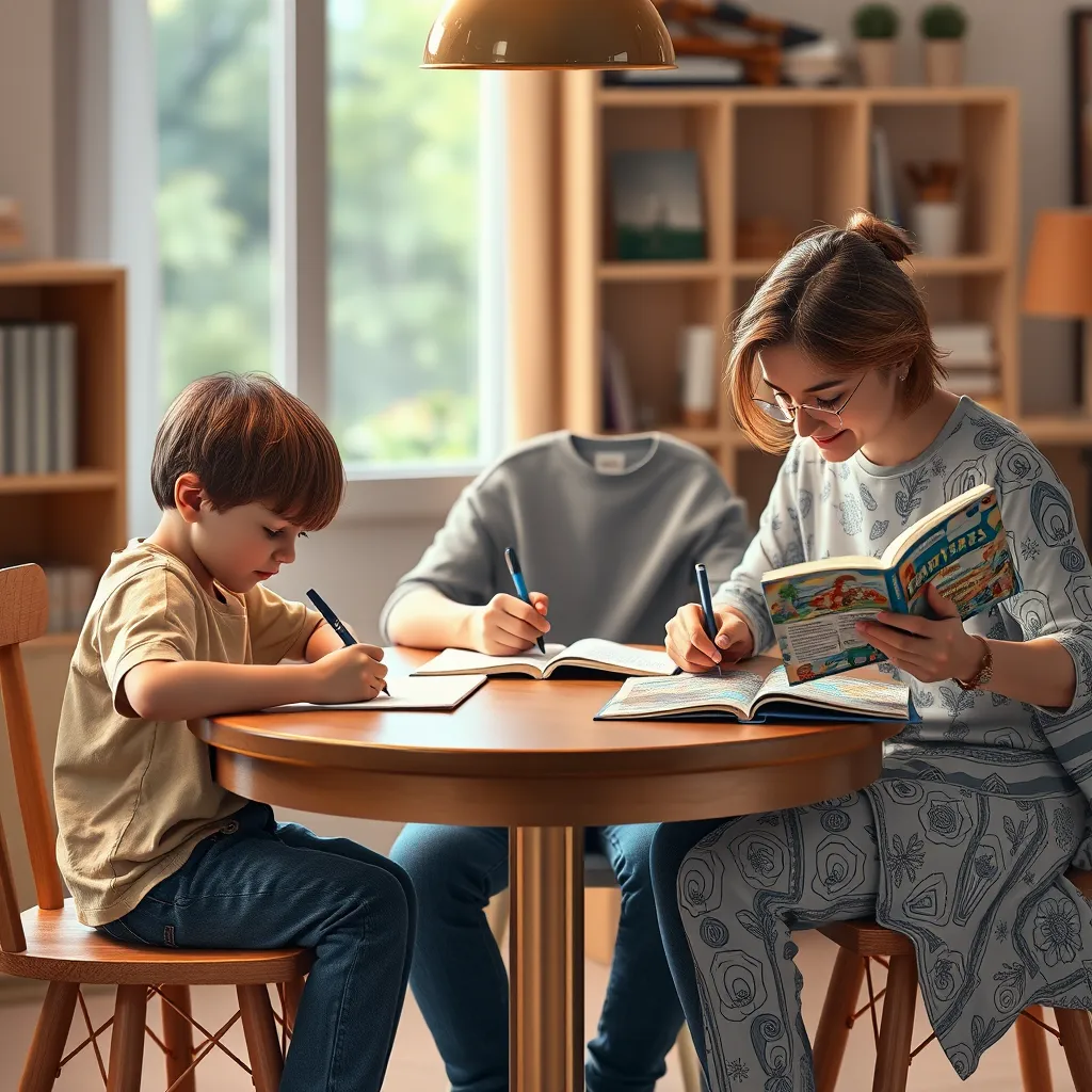 A child, a teenager, and an adult are seated around a table, each engrossed in their own creative activity. The child is drawing, the teenager is writing in a journal, and the adult is coloring in a book. The scene radiates an atmosphere of calm focus and joyful creativity.