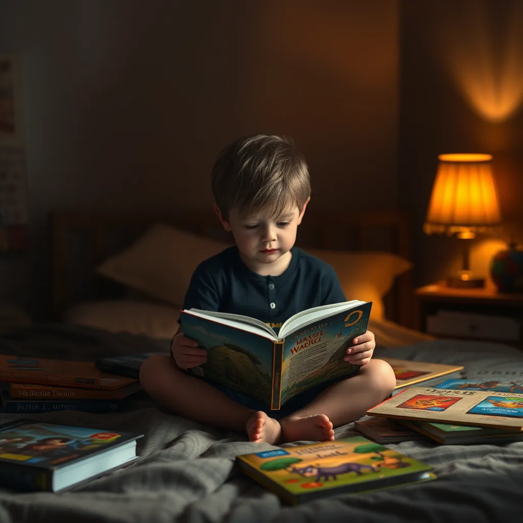 A child sitting on a bed, surrounded by colorful books, lost in a book about a magical world, with fantastical creatures and landscapes. The room is dimly lit, with soft warm light coming from a bedside lamp, casting shadows on the walls.