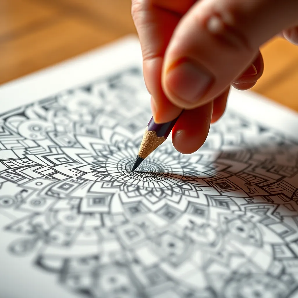 A close-up image of a hand holding a colored pencil, carefully coloring in a intricate design in a coloring book. The image should have a soft, warm lighting and a sense of focus and tranquility.