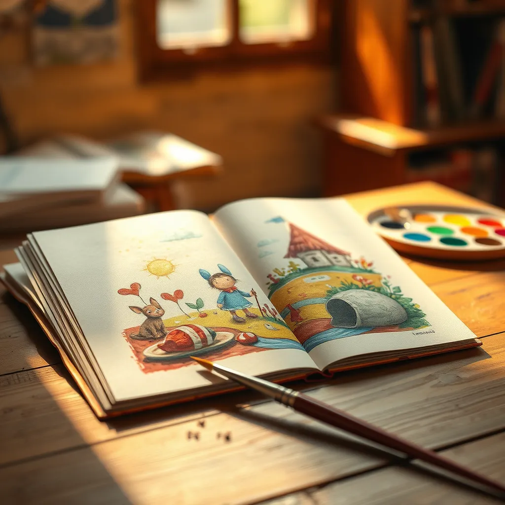 A close-up shot of a hand-painted illustration in a children's book, showcasing a whimsical scene with vibrant colors and intricate details. The book is open on a wooden table bathed in warm, natural light, with a paintbrush and palette resting nearby. The illustration features playful characters and textures, capturing a sense of wonder and joy. Rendered in a hyperrealistic style with a cinematic depth of field, emphasizing the texture of the paper and the brushstrokes. Create a captivating and inviting image that embodies the magic of storytelling.