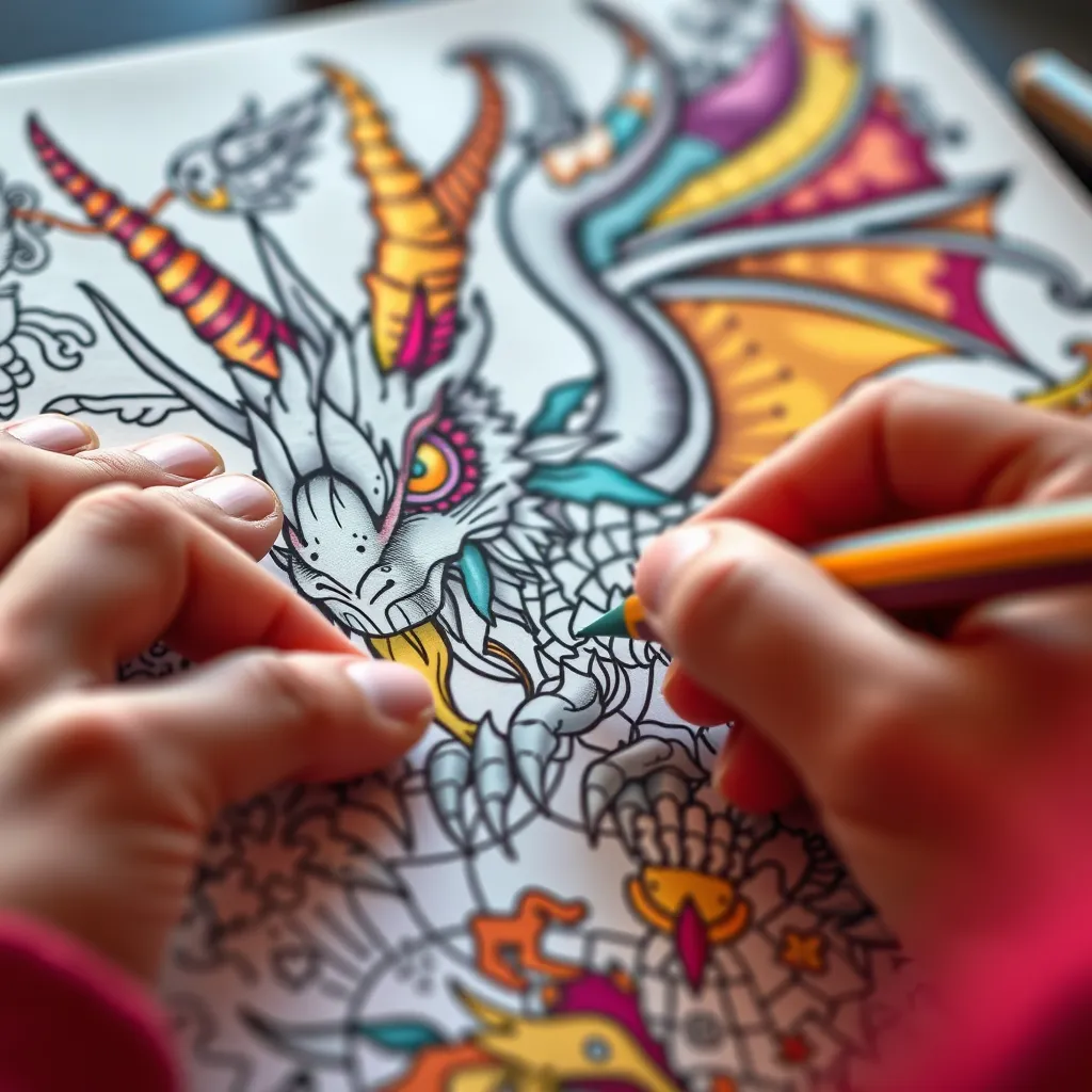 A close-up shot of an adult's hand meticulously coloring a detailed illustration of a fantastical creature. The background should be blurred, highlighting the vibrant colors used and the intricate details of the coloring book page.