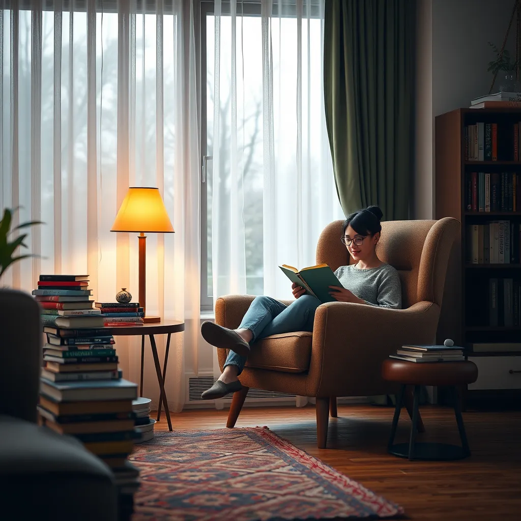 A cozy living room with a comfortable armchair and a stack of colorful books on a side table. A person is seated in the armchair, engrossed in a book. The image should have a warm and inviting atmosphere, with soft lighting and a sense of peacefulness.