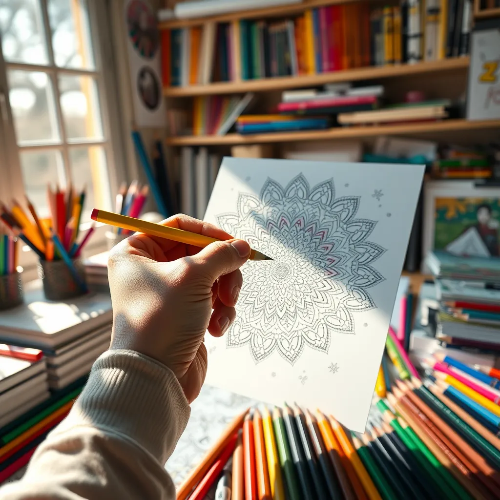 A hand holding a colorful pencil, carefully coloring in a detailed mandala design. The surrounding area is filled with various coloring books, crayons, and markers, creating a vibrant, artistic workspace. The light is natural, streaming in through a window, highlighting the color details.