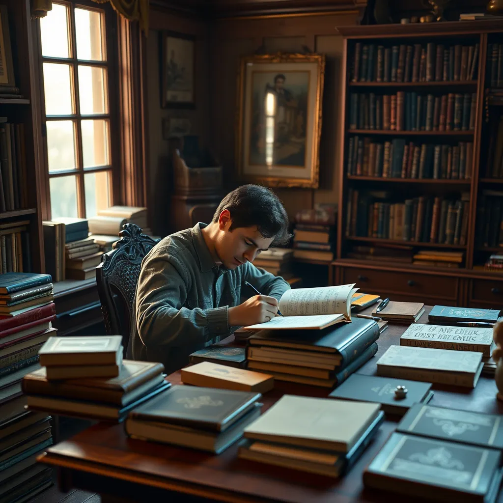 A person sitting at a desk, surrounded by books and writing materials, intently writing in a journal. The image should have a warm and inviting atmosphere, with natural light streaming through a window.