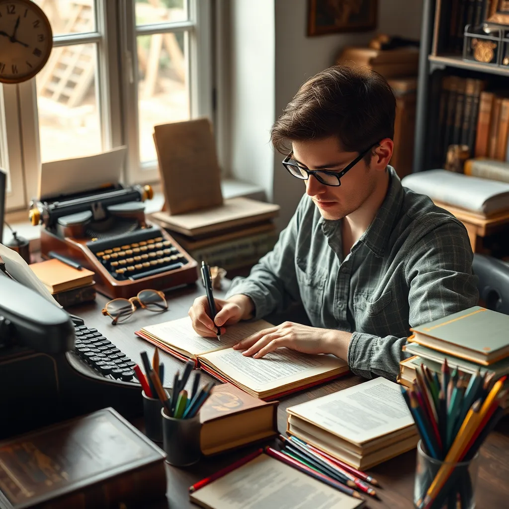 A person sitting at a desk, writing in a journal, surrounded by inspiring objects like vintage typewriters, antique books, and a collection of colorful pens and pencils. The room is filled with natural light, highlighting the focused expression on the writer's face, showcasing their creative energy.