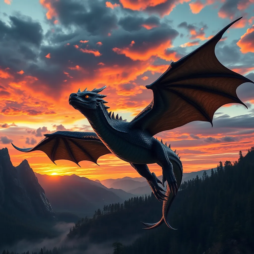 A photorealistic image of a scene from a fantasy novel, with a majestic dragon soaring through a dramatic sky. The dragon is depicted with intricate scales, glowing eyes, and powerful wings. The scene is set against a backdrop of towering mountains, lush forests, and a vibrant, colorful sunset. The composition emphasizes the scale and majesty of the dragon, with a dynamic camera angle capturing its movement. Rendered in a photorealistic style with atmospheric lighting, showcasing the details of the dragon's scales, fur, and the surrounding environment.
