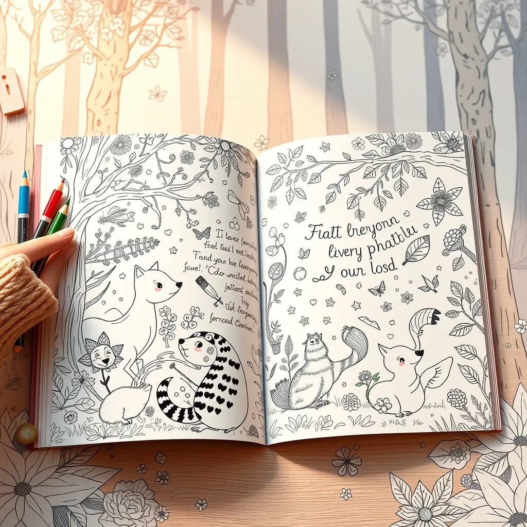 A spread from a personalized colouring book, showcasing intricate line art with various animal characters engaged in a playful activity in a forest setting. The page is filled with delicate patterns and detailed elements, inviting the viewer to fill it with their own vibrant colors. Rendered in a highly detailed style, with soft lighting and a warm color palette, highlighting the intricate details and encouraging creativity and imagination.