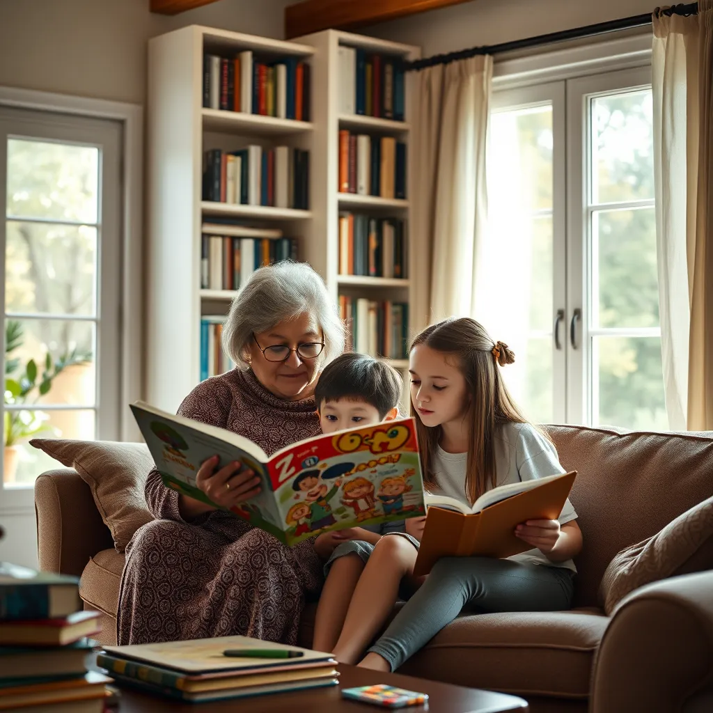 A warm, inviting living room filled with natural light. A grandmother reads a colorful storybook to a young child, while a teenage girl sits nearby, sketching in a notebook. The room is decorated with bookshelves filled with various books, adding a sense of literary richness.