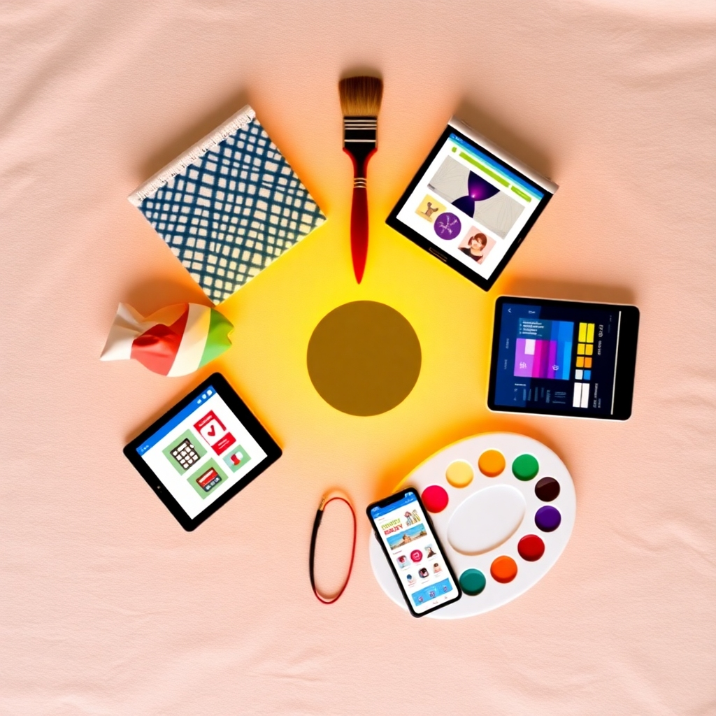 Create a stylized image, 4K resolution, high quality, for Quantumlight Media's 'About Us' section. The image should depict a stylized, abstract representation of the company's core services.  Imagine a circular arrangement of various design elements: a paintbrush, a textile swatch with a unique pattern, a laptop showing an e-commerce website, a smartphone displaying social media graphics, and a palette with vibrant paint colors. The lighting should be warm and inviting, with a soft glow around the elements. The color palette should be bright and cheerful, reflecting the creative energy of the company. The camera angle should be directly overhead, looking down onto the elements.  The background should be a soft, textured surface, like a canvas or a piece of fabric. The overall style should be clean, modern, and visually engaging, reminiscent of a design studio's work space.