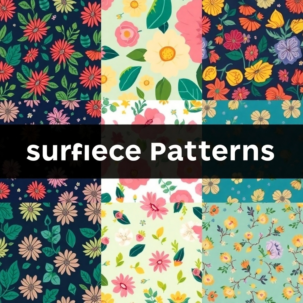 Generate a 4K image showcasing a diverse range of surface patterns. The image should highlight the variety of styles and techniques used, including geometric, floral, abstract, and illustrative patterns.  The colors should be vibrant and varied, and the patterns should be displayed on various backgrounds to show their versatility.