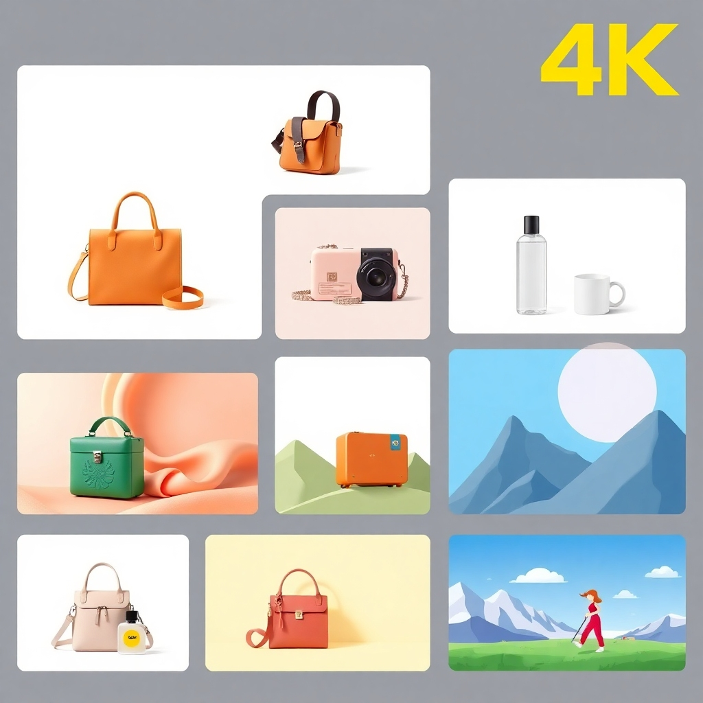 Generate a 4K image showcasing a selection of high-quality illustrations for e-commerce product presentations.  These should include detailed product shots with clean backgrounds, highlighting the key features and benefits. Include lifestyle images that showcase the products in use, emphasizing their value and appeal to potential customers.