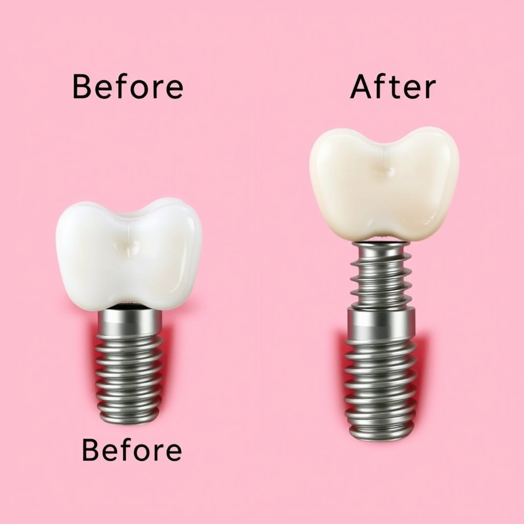 A before-and-after shot showcasing the transformation achieved with dental implant treatment. On the left, a missing tooth; on the right, a perfectly placed implant with a natural-looking crown. The background should be a neutral color to highlight the teeth. Focus on conveying the effectiveness and aesthetic appeal of dental implants. 4K resolution, photorealistic style.