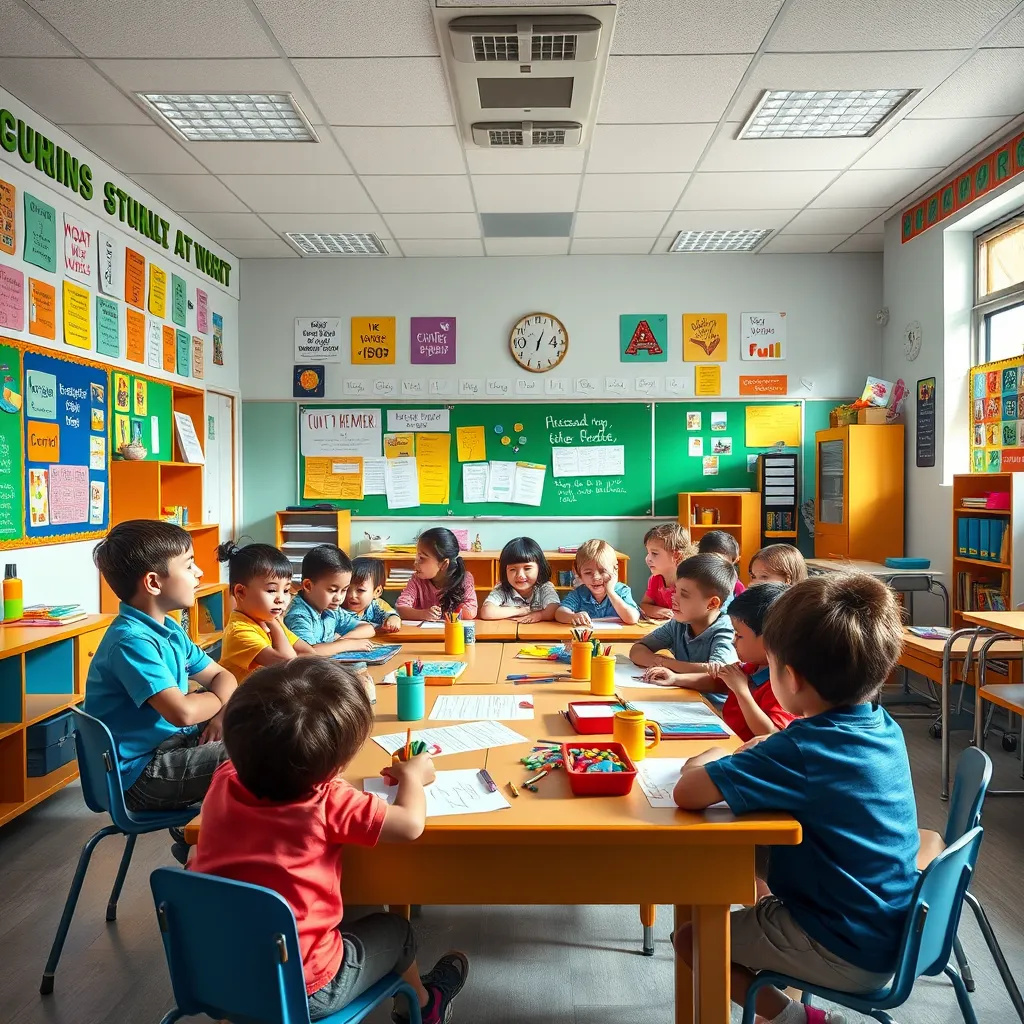 A bright and colorful classroom filled with children of different ages engaging in various activities like playing games, drawing, and participating in group discussions. The classroom is filled with positive energy and a sense of joy. The walls are decorated with colorful posters and motivational quotes. The image should be high-quality and photorealistic, emphasizing the fun and engaging learning environment.