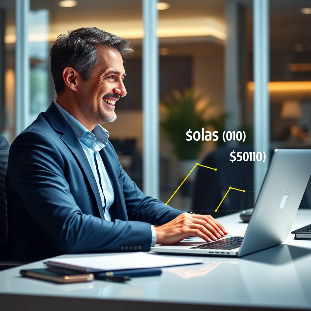 A businessman sitting at a desk with a laptop, smiling and looking at a chart showing significant cost savings compared to traditional website design. The scene should be set in a modern office environment, highlighting the financial benefits of using AI-powered website design tools.