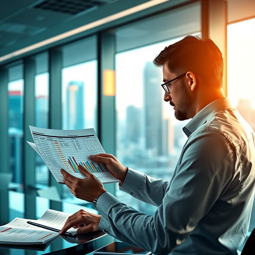 A businessperson reviewing a detailed spreadsheet with data about their SMS marketing campaign. The background should be a sleek office with a large window overlooking a bustling city.