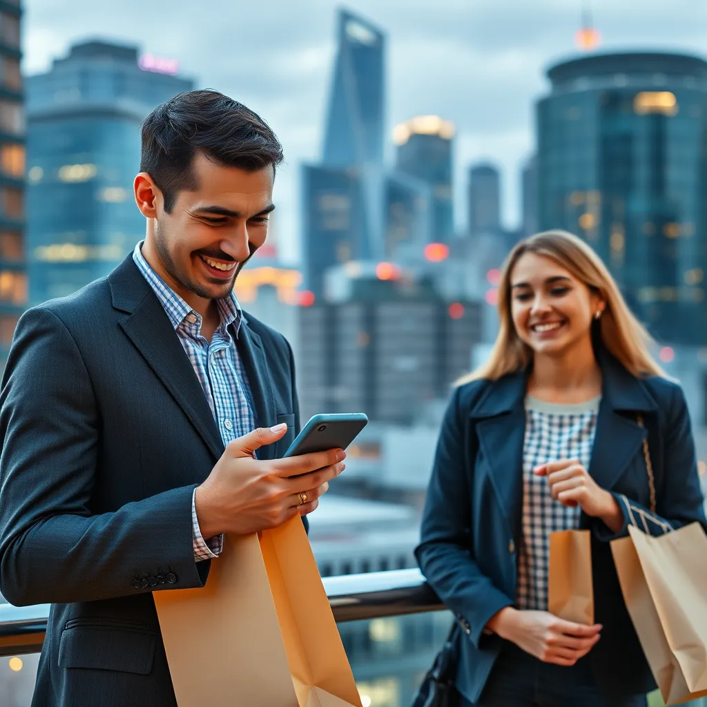 A businessperson sending a text message on their phone, with a happy customer holding a shopping bag in the background. The background should be a vibrant cityscape with modern buildings. The image should convey a sense of positive interaction and customer satisfaction.