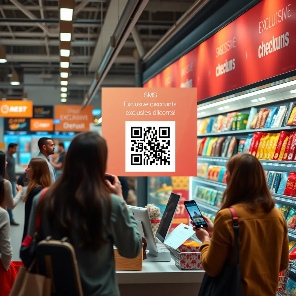 A busy online store with a checkout page displaying a banner with a QR code for an SMS promotion. Customers are shown interacting with the website, scanning the QR code, and receiving exclusive discounts through SMS. The image should highlight the seamless integration of SMS marketing and online shopping.