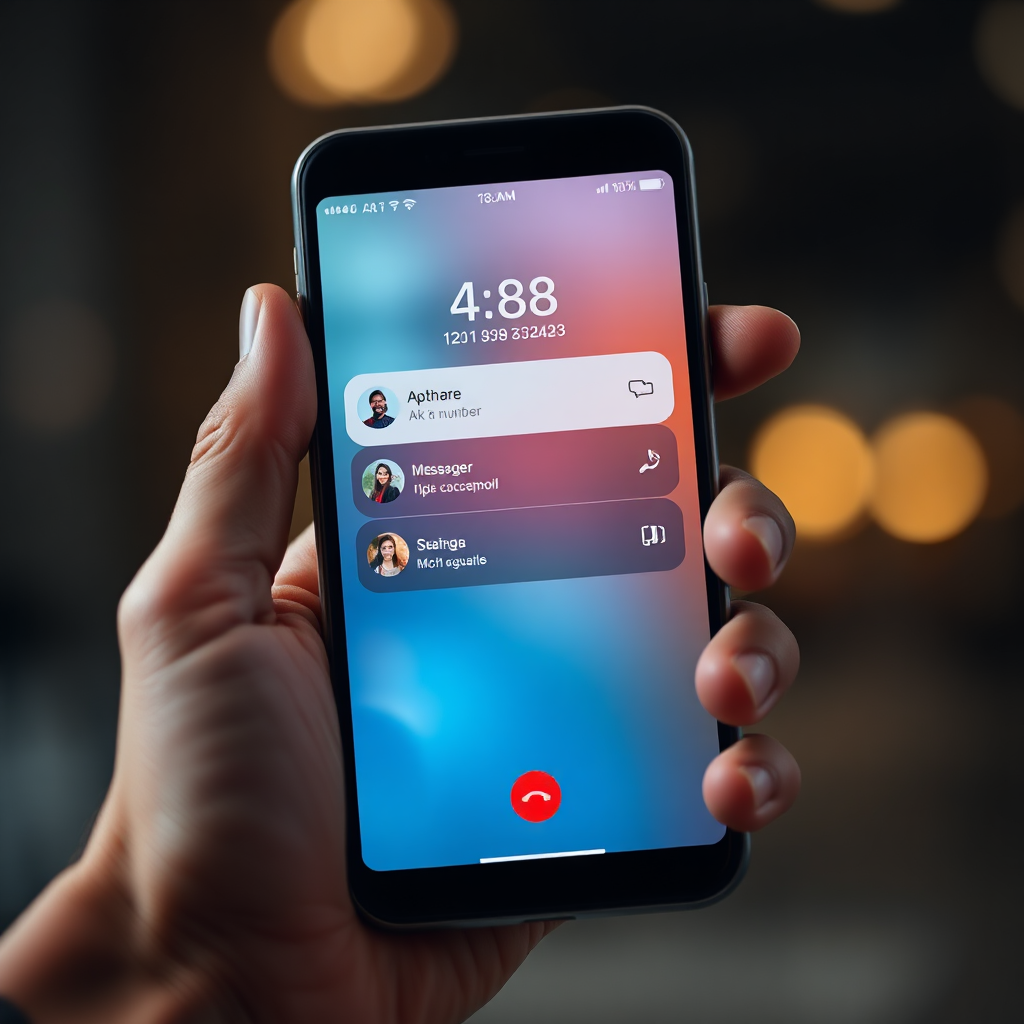 A close-up shot of a hand holding a smartphone, with the phone app interface showing contact options like a phone number and messaging options. The background should be blurred to focus on the phone. The composition should highlight connectivity and immediate access to information. 4K resolution, photorealistic style.