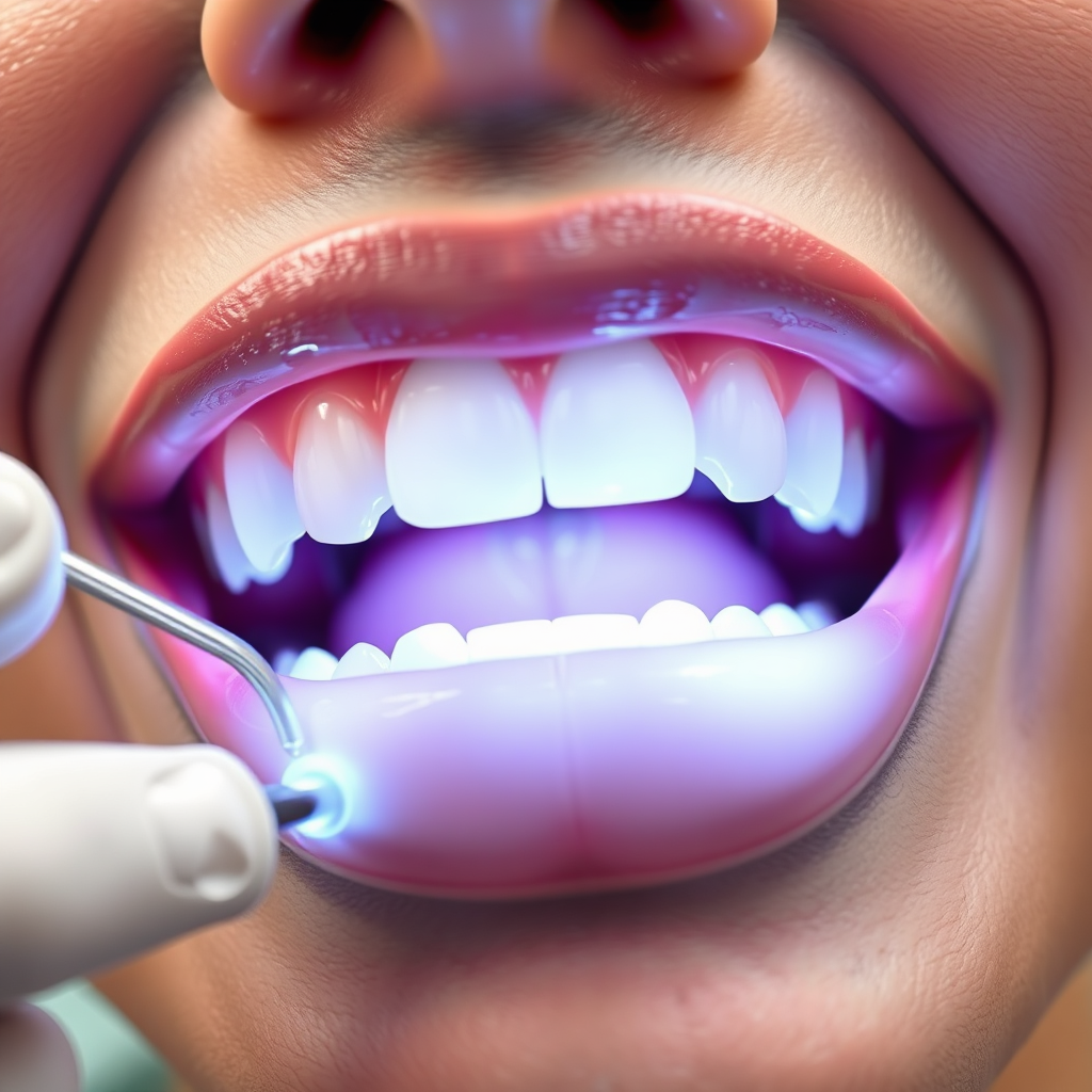 A close-up shot of teeth undergoing a teeth whitening procedure. The lighting should highlight the whitening gel and the contrast between the stained and whitened areas. The background should be a dental examination room. Focus on conveying the effectiveness and speed of the teeth whitening process. 4K resolution, photorealistic style.