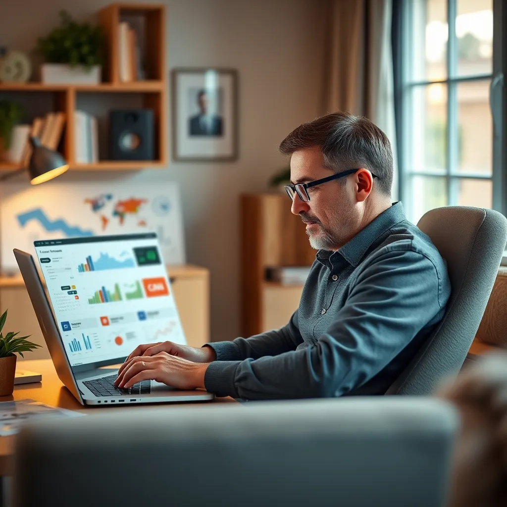 A coach sitting at a laptop in a home office, strategically using a variety of digital marketing tools and platforms, including social media, email marketing, and search engine optimization. The background should be a cozy and professional home office setting with a laptop screen displaying various marketing data and insights.