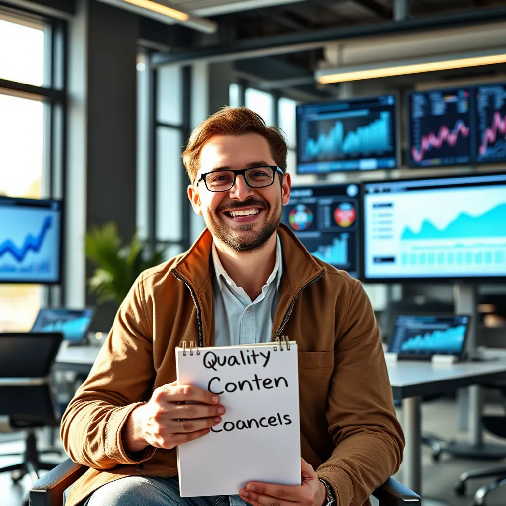 A coach sitting in a modern office, surrounded by digital screens displaying graphs and charts, smiling and holding a notebook with the words "Quality Content" written on it. The background should be a sleek and professional office setting with natural light streaming in through large windows.