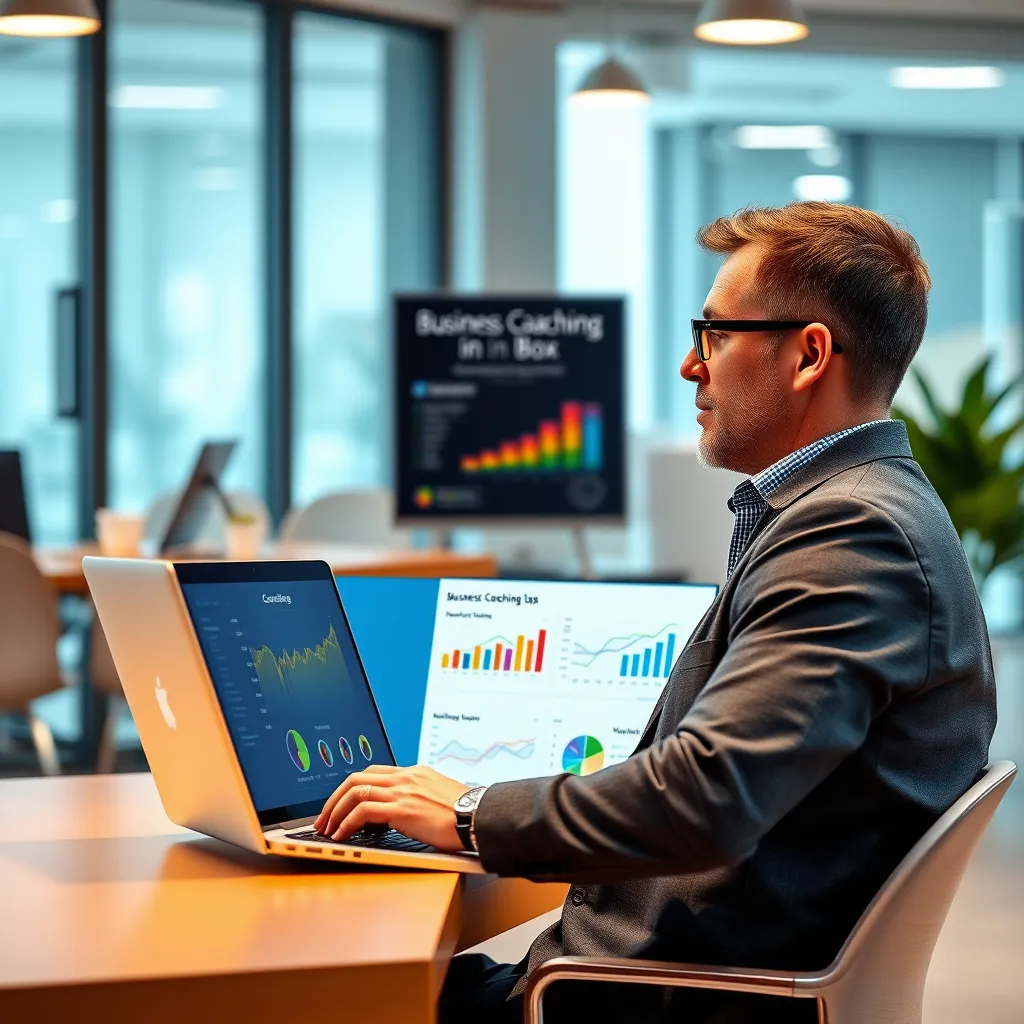 A coach using a laptop with a 'Business Coaching in Box' website open on the screen. The coach is surrounded by colorful charts and graphs representing marketing data and analytics. The background is a modern office with a bright and energetic atmosphere.