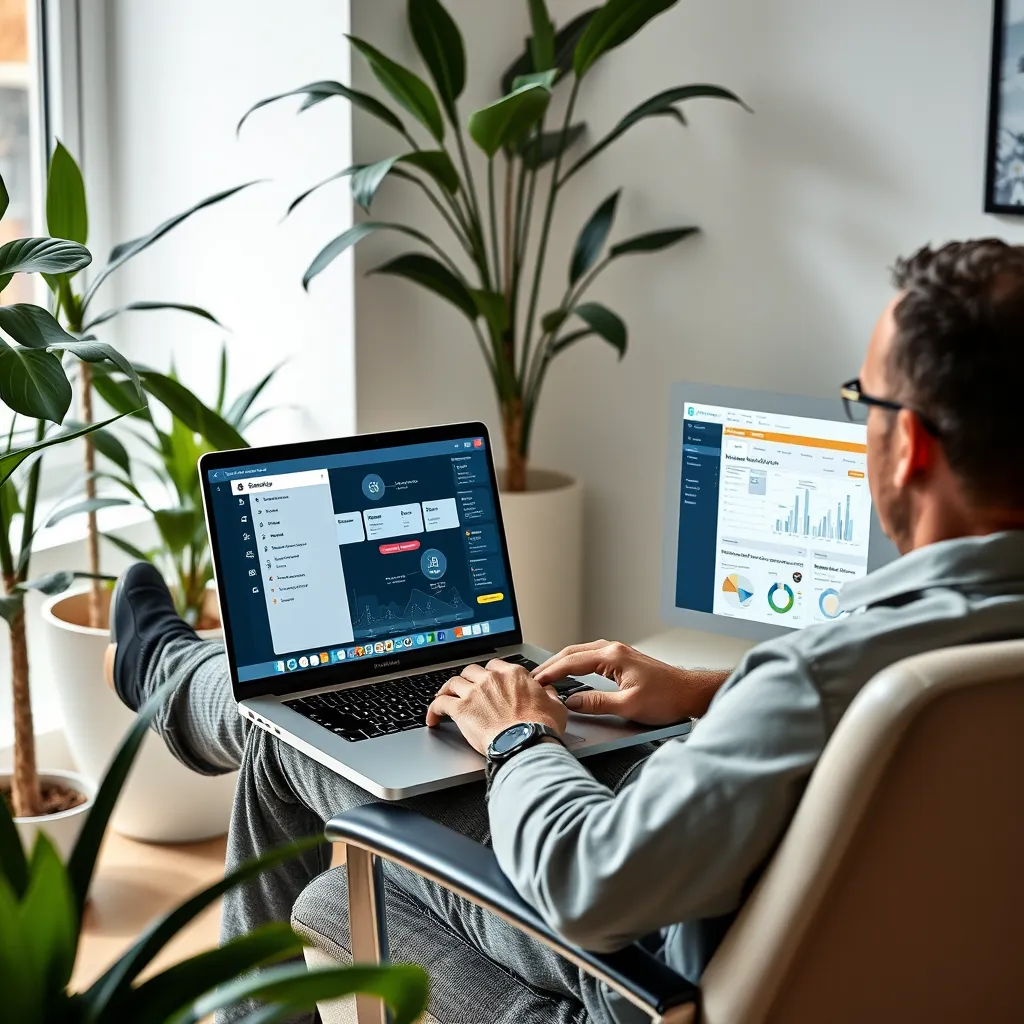A coach working on a laptop with multiple screens displaying various tasks and automation processes. The coach is sitting in a comfortable office chair, surrounded by plants and a modern, minimalist workspace. The laptop screen shows the 'Business Coaching in Box' interface with automated workflows and data dashboards.