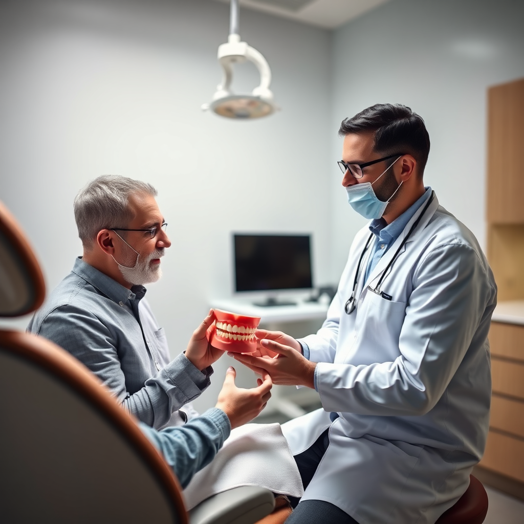 A dentist providing a free consultation to a patient. The dentist is explaining treatment options using a model of teeth. The background should be a clean and well-lit dental examination room. Focus on conveying the personalized attention and expert guidance provided during the consultation. 4K resolution, photorealistic style.