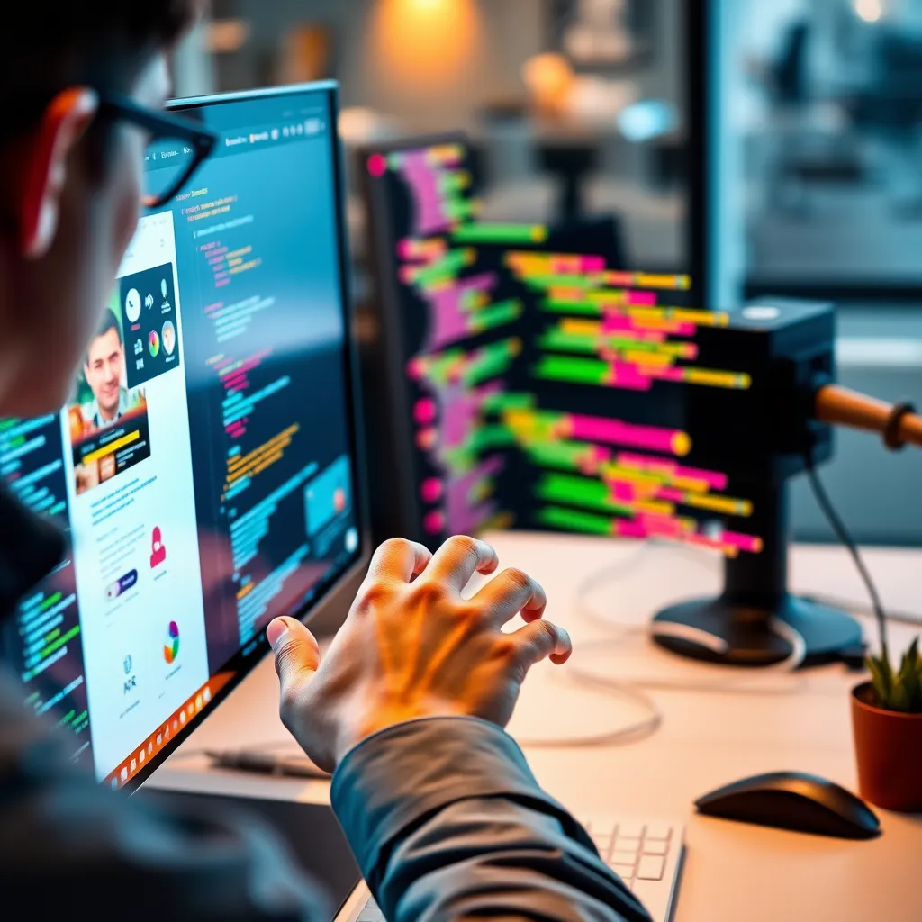 A designer working on a computer, surrounded by colorful website elements and code snippets. The background should be a modern office setting with a focus on the designer's hands interacting with the computer screen.