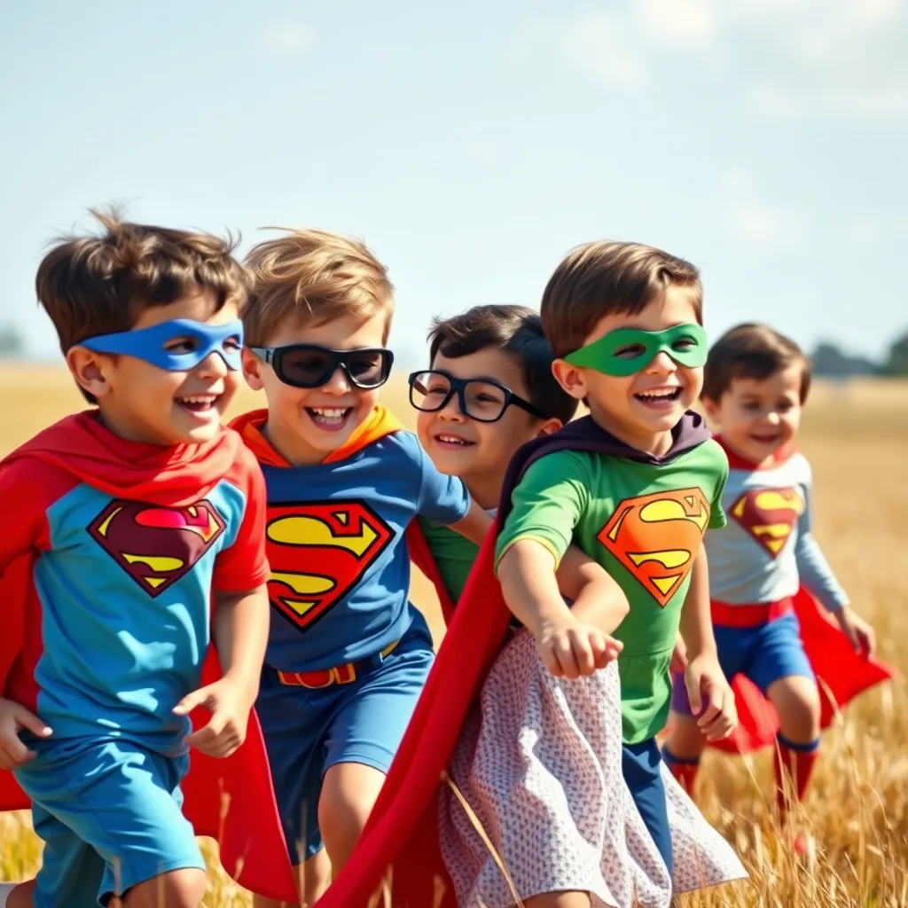 A diverse group of children in superhero costumes, ages 6-10, laughing and smiling while playing tag in a large, sunny field. The children are wearing colorful costumes with different superhero logos and capes.